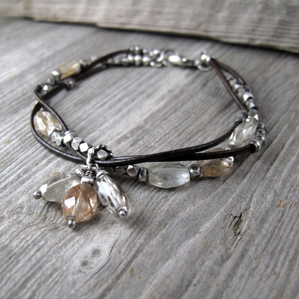 Intertwined Leather and Silver Bracelet with Rutilated Quartz