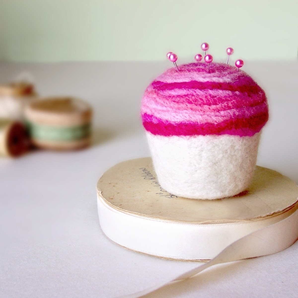 Pincushion - Strawberry Swirl Cupcake, Felted Wool