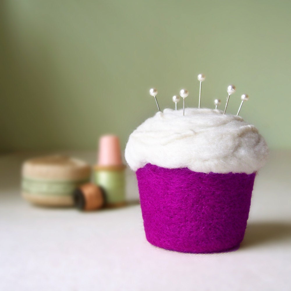 Cupcake Pincushion - Felted Wool, Berry Electric