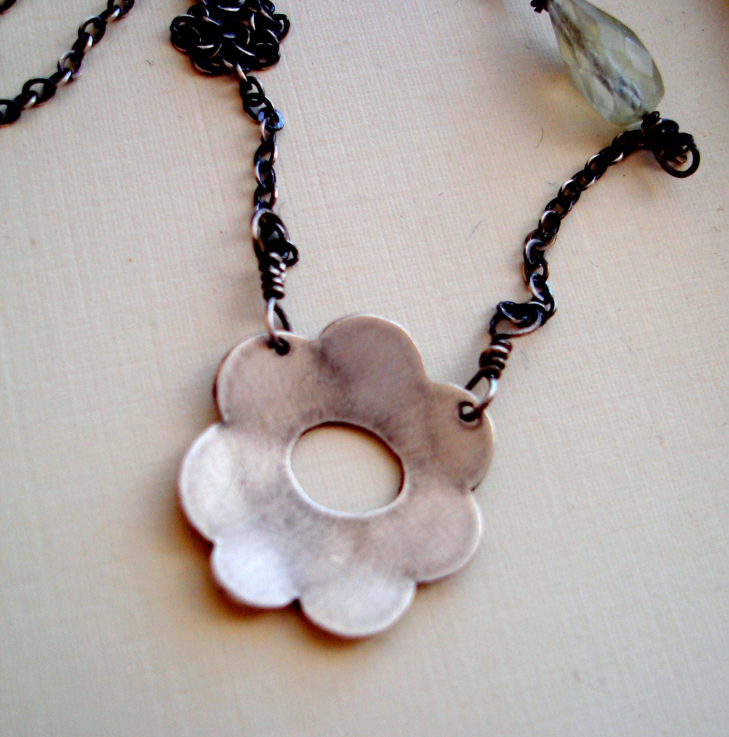 Modern Flower Handmade Necklace FREE SHIPPING Recycled Sterling Silver Prehnite Gemstone Floral Jewelry