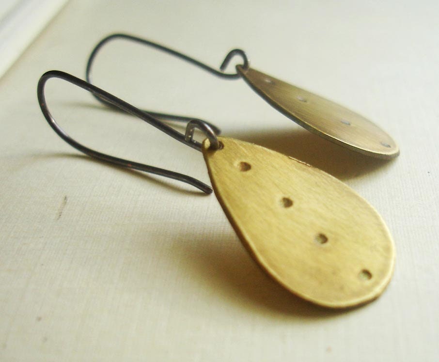 Antiqued Brass Elongated Teardrop Earrings FREE SHIPPING with Recycled Silver Gold Black Tribal