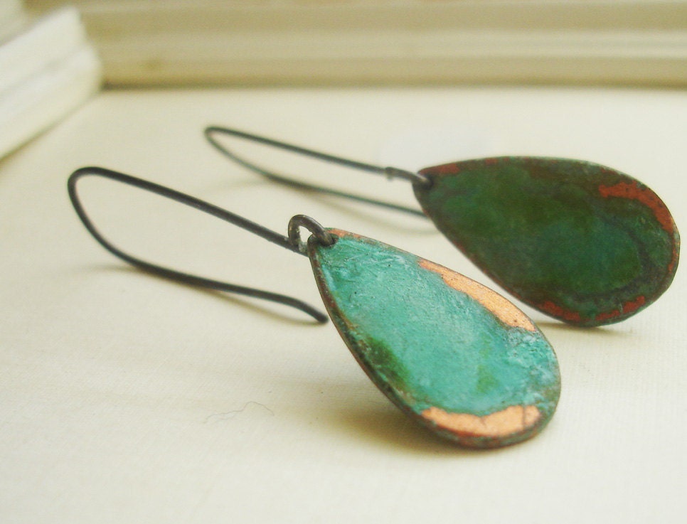 Nature for your ear Verdigris Aqua Black Textured Teardrop Earring FREE SHIPPING Patina Brass Bright Handmade