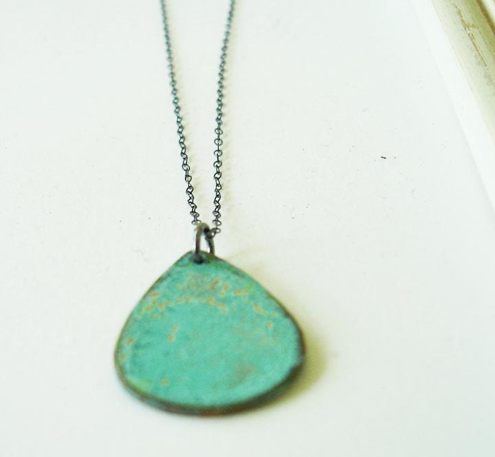 Bright Aqua Verdigris Teardrop Copper Necklace FREE SHIPPING with Oxidized Silver Delicate Necklace