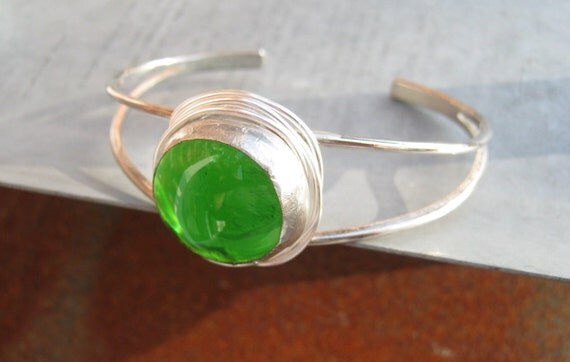 Green Glass Sterling Plated Cuff Bracelet by Heidi Urbanski on Etsy