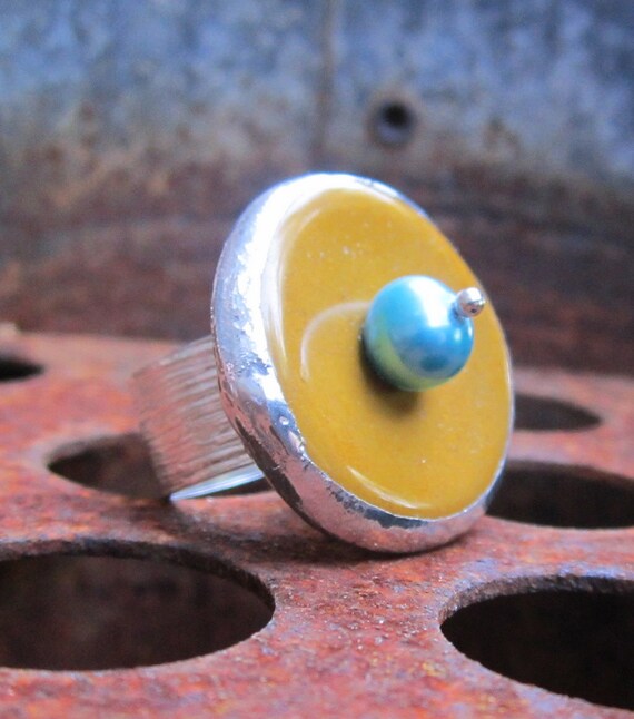 Pumpkin Spice Orange Agate and Aqua Pearl Ring on Adjustable Band