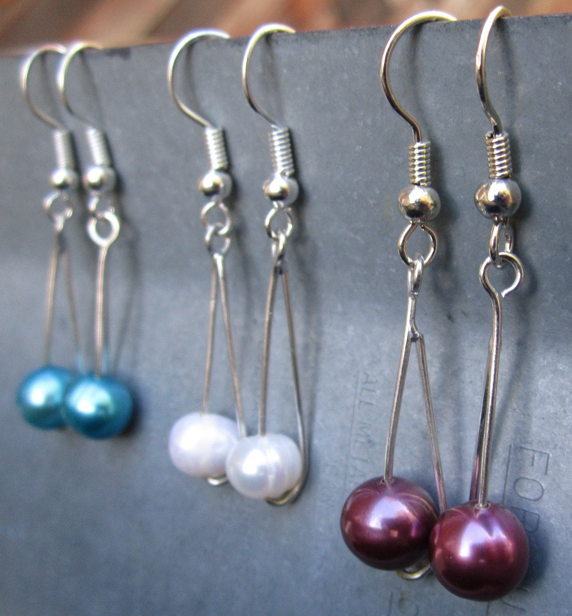 White Aqua Magenta Fresh Water Pearl Elegant Dangle Earrings