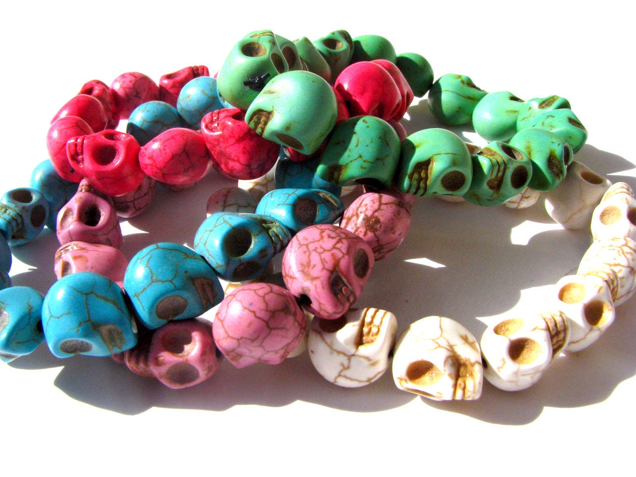 Day Of The Dead Wrist Fiesta 3 Pack - Small Sugar Skull Howlite Stone Bracelet - You Pick Colors