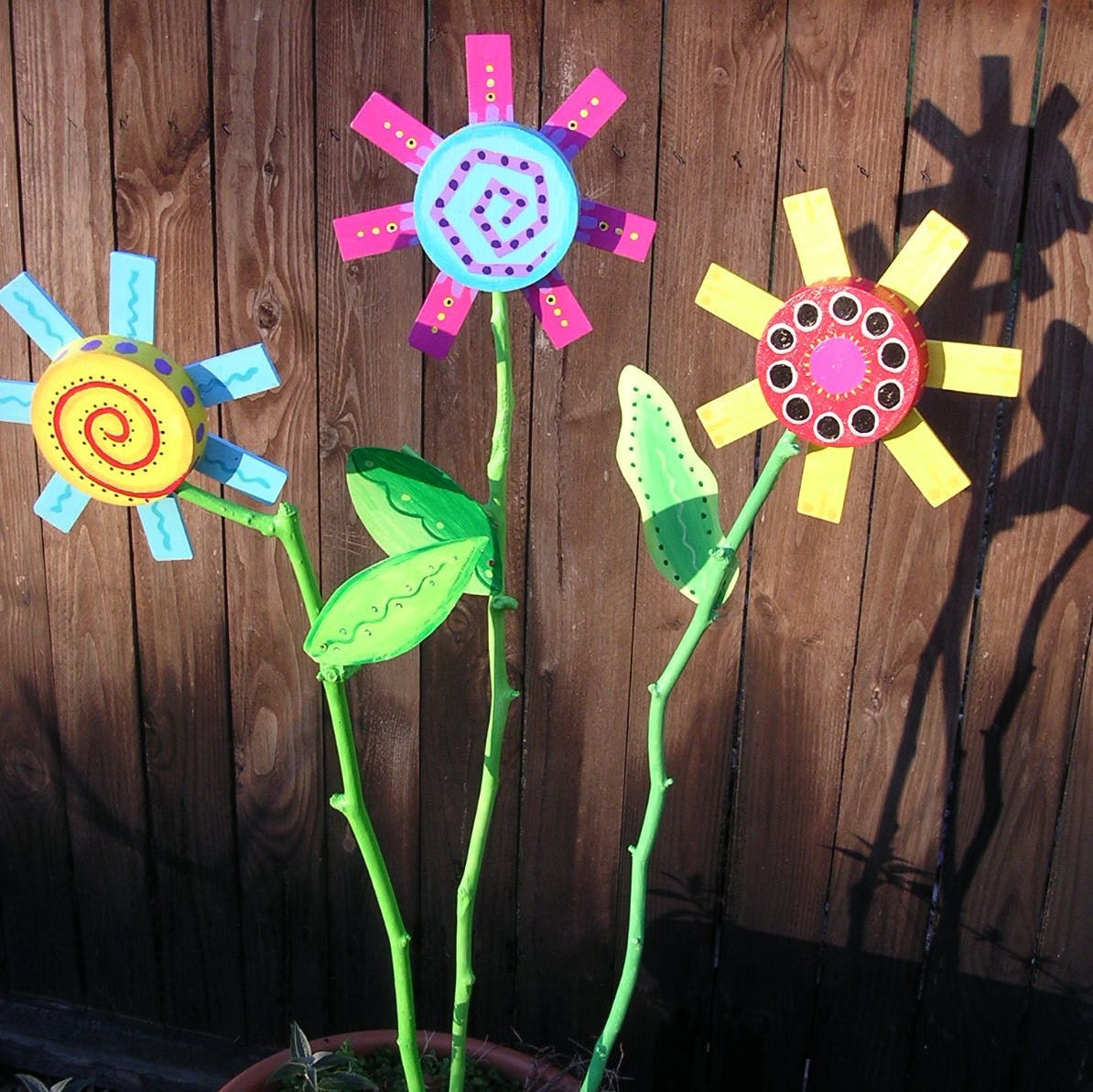 whimsical colorful painted wooden FLOWER yard art sculpture posies upcycleBB