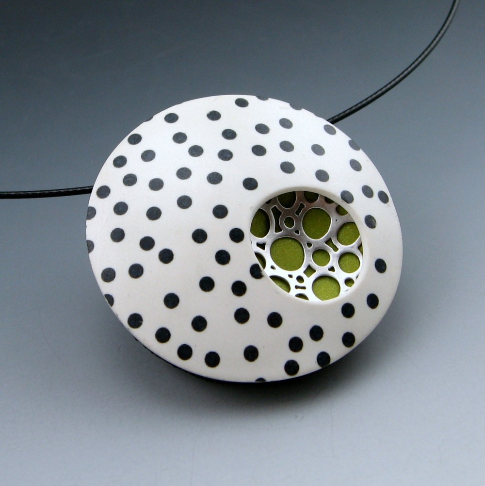 Retro black and white polkadot pendant necklace with silver accent and a pop of color