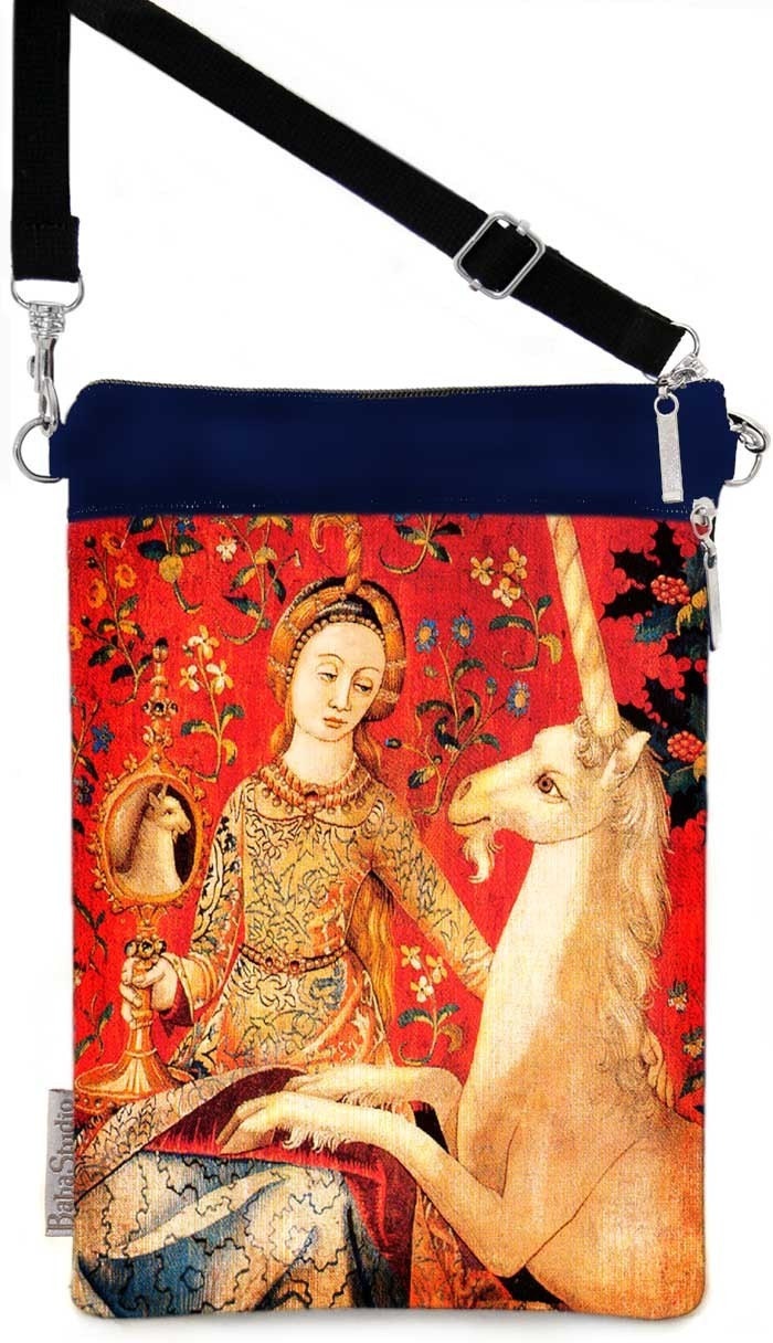 Lady and Unicorn sling pouch with long, adjustable shoulder strap - dark blue