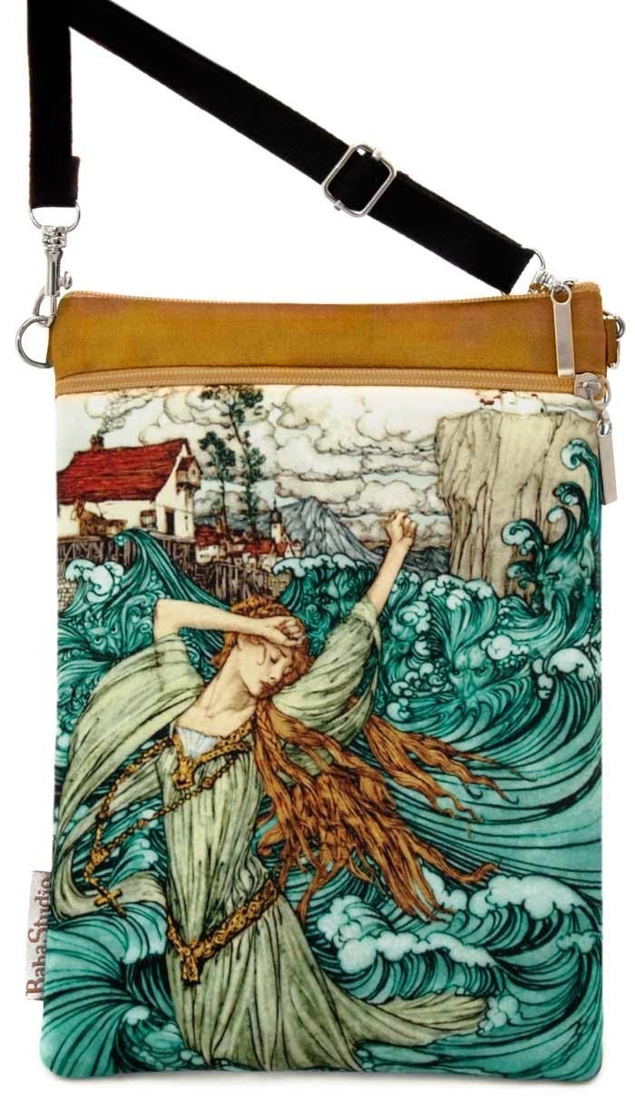 Undine. Sling pouch with long adjustable shoulder strap,based on an Arthur Rackham illustration. Taupe pure silk.