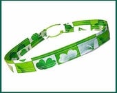 Holiday Headband, Green/White Floral Design Hair Band, St. Patrick's Day, Thin/Slim Style