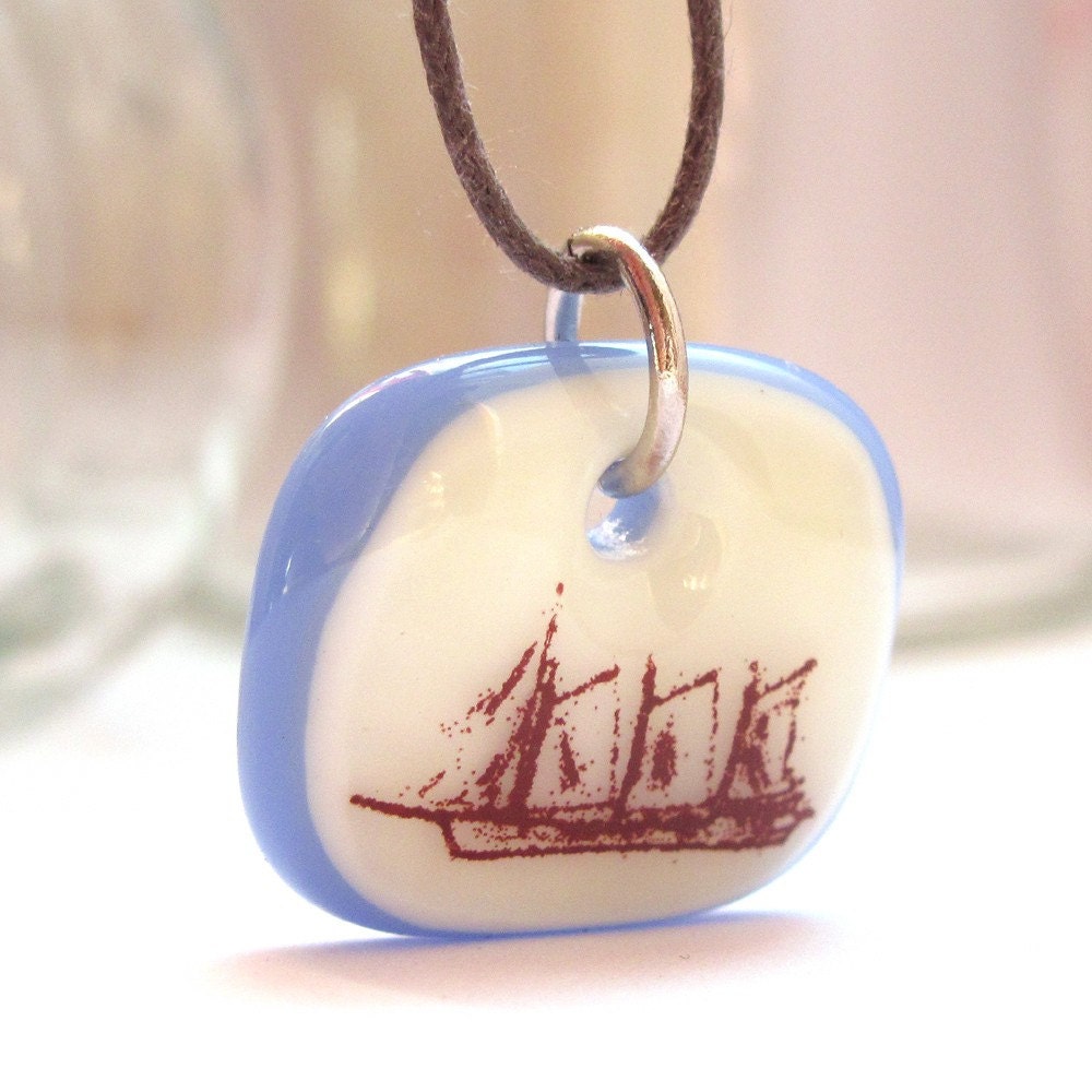 Sailing Ship. Nautical photo jewelry. A fused glass pendant necklace in white and periwinkle blue.