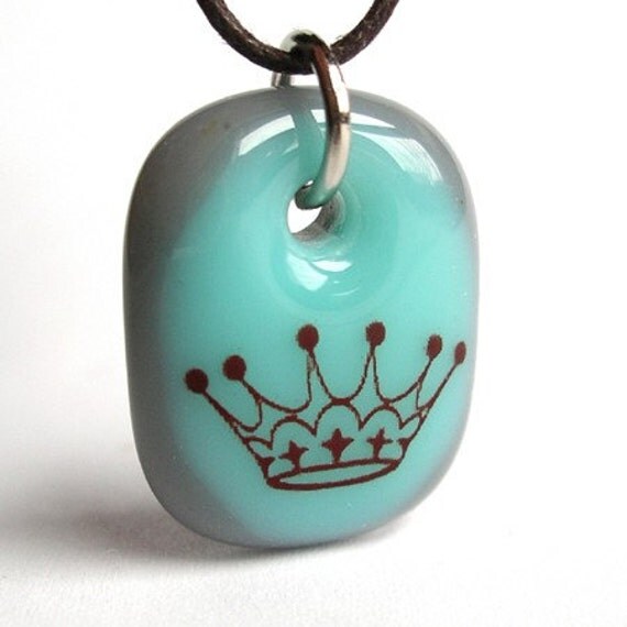 Crown on Aqua. A fused glass pendant necklace.