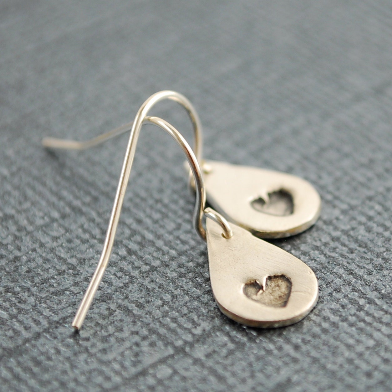 delicate HEART earrings, teardrop dangles, eco-friendly sterling silver. Handcrafted by Chocolate and Steel