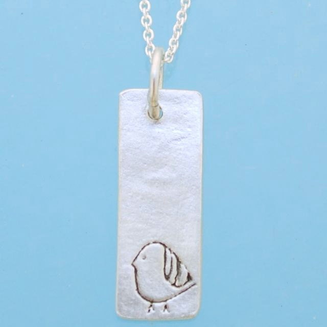MINI BIRD necklace, skinny rectangular pendant, eco-friendly silver. Handcrafted by Chocolate and Steel