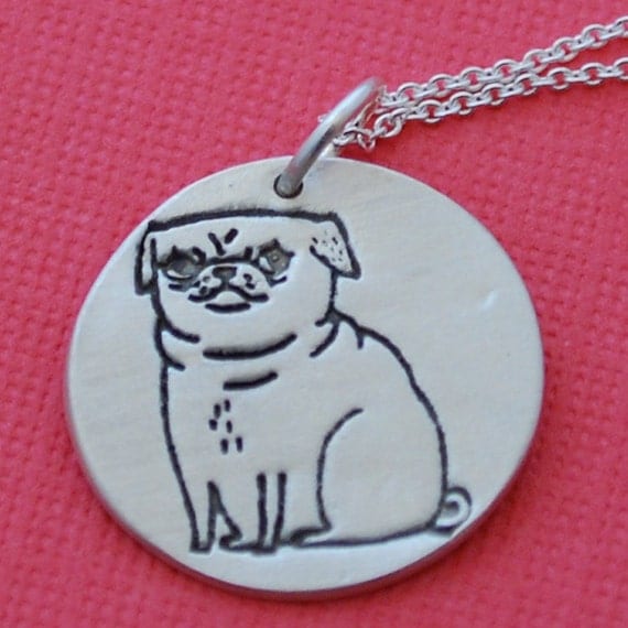 PUG necklace, pickles the pug, illustration by GEMMA CORRELL, eco-friendly reclaimed silver, handcrafted by Chocolate and Steel