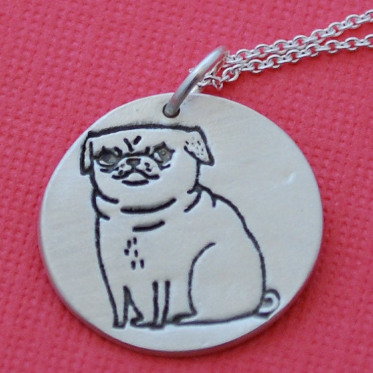 PUG necklace, pickles the pug, illustration by GEMMA CORRELL, eco-friendly reclaimed silver, handcrafted by Chocolate and Steel