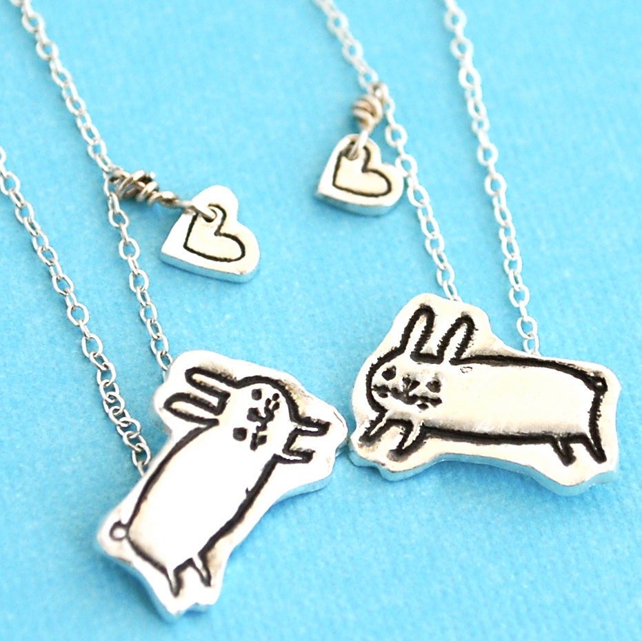 BUNNY BFF necklaces, set of two pendants, illustrated by Gemma Correll, eco-friendly silver. Handcrafted by Chocolate and Steel