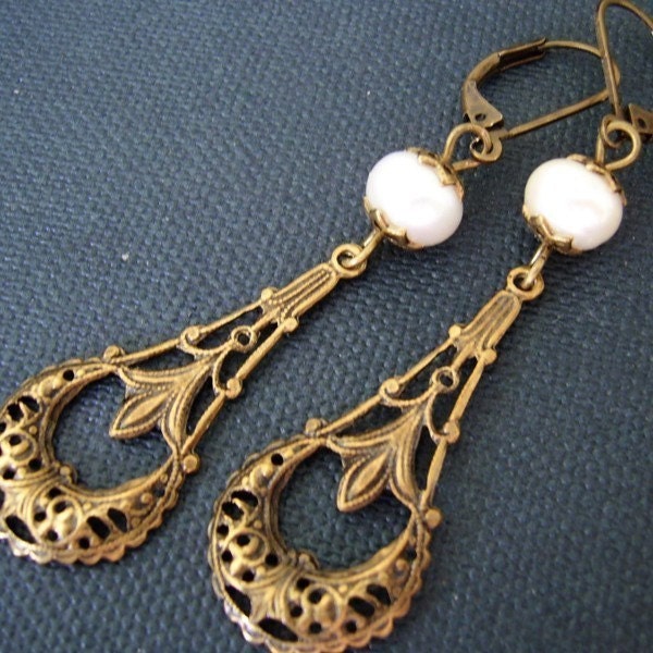 Freshwater Pearl Earrings With Victorian Brass Filigree