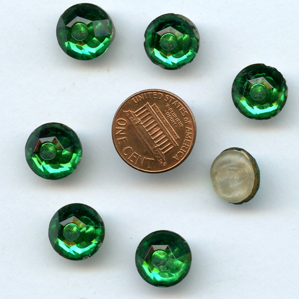 GREEN MIRROR BACK Buttons Glass Vintage Matching Set of 7 with Applied Glass Shank 1/2 inch size 7667