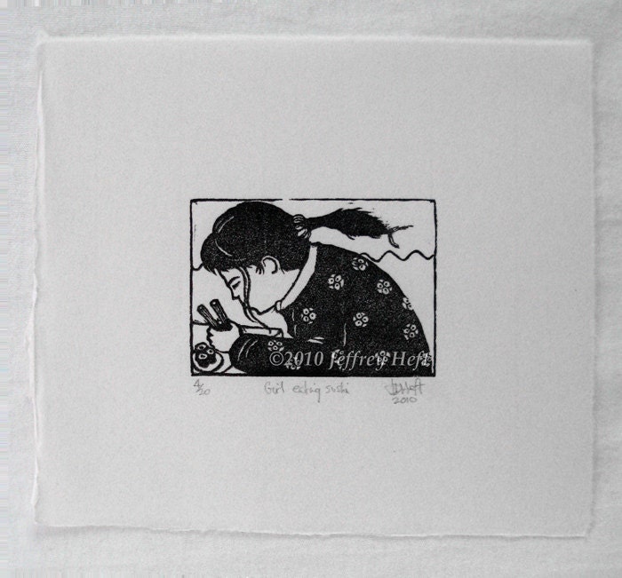 Girl eating sushi Heft linocut relief print original art ACEO
