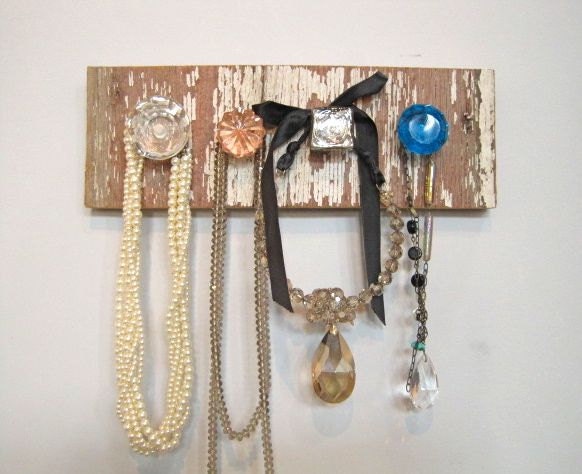 jewelry holder, shabby jewelry display, reclaimed wood necklace holder, jewelry knob rack.