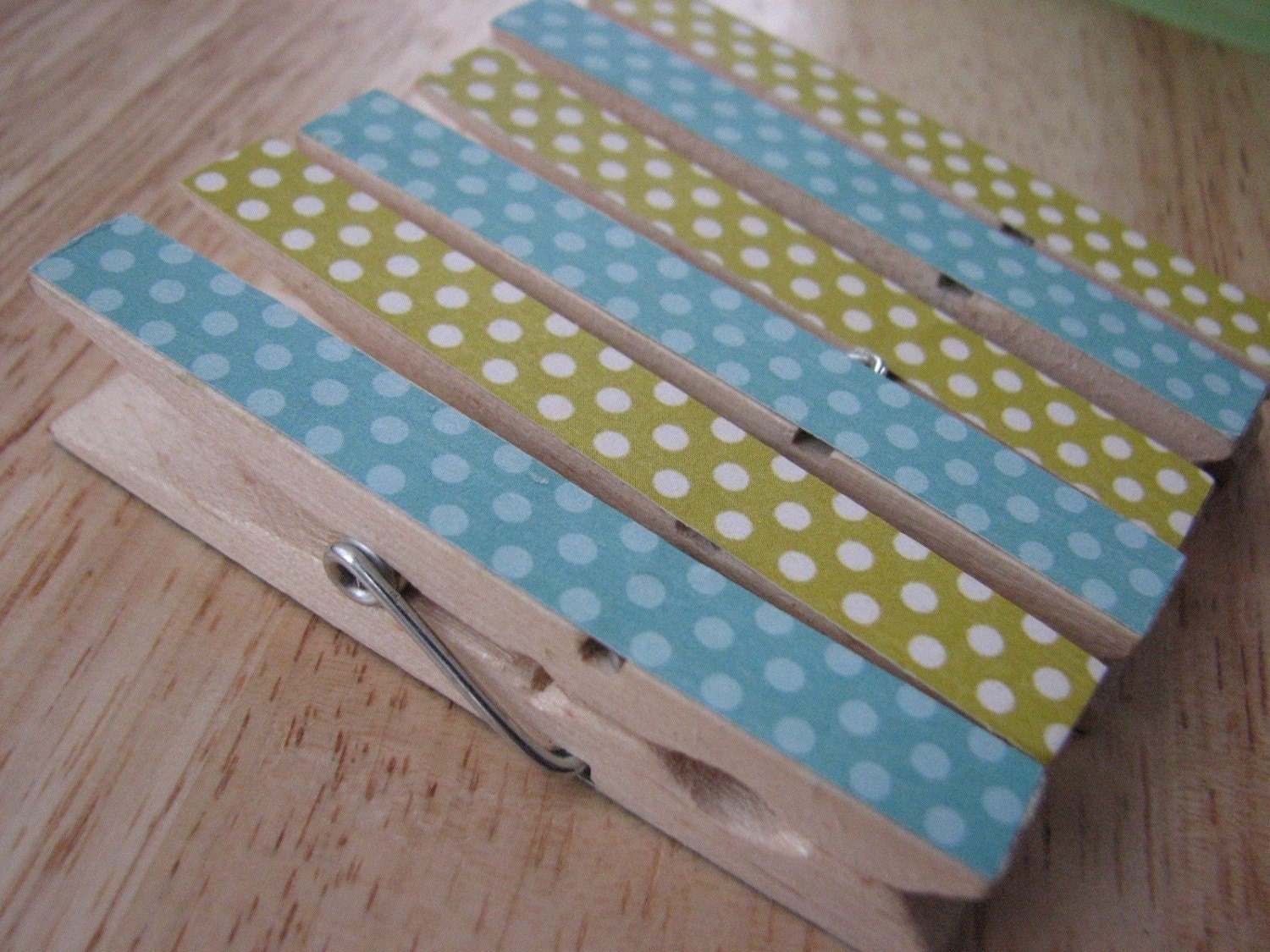SALE - Trendy Clothespin Clips - Blue and Green Polka Dots - Set of 12