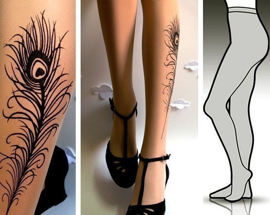 LARGE/EXTRA LARGE sexy PEACOCK FEATHER TATTOO  tights / stockings full length pantyhose LIGHT MOCHA