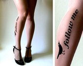 XS-S-M sexy, funny and flirty FOLLOW ME twitter TATTOO thigh-high stockings LIGHT MOCHA