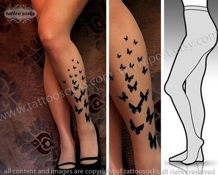 Small/ Medium sexy BUTTERFLY TATTOO tights / stockings/ full length / pantyhose / nylons Deep Mocha