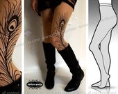 Small/Medium sexy MINI and BOOTS peacock FEATHER tattoo stockings / full length / pantyhose / nylons Cafe Latte