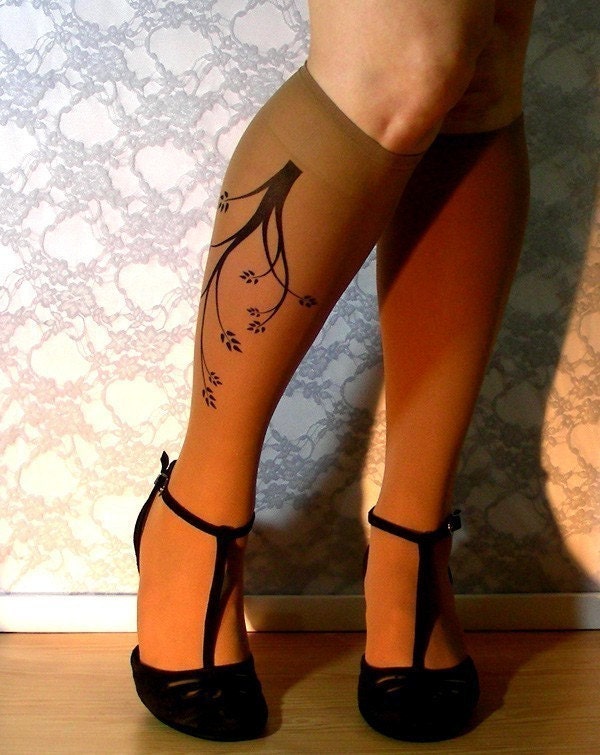 sexy BRANCHES tattoo knee-high socks CAFE LATTE