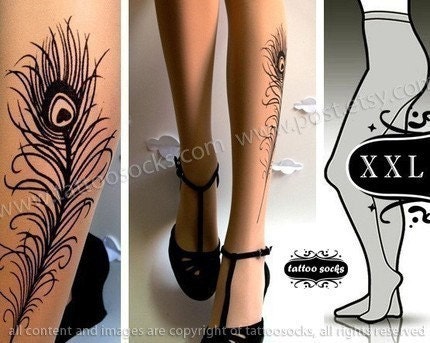 plus size XXL sexy PEACOCK FEATHER Tattoo  tights / stockings full length pantyhose Light Mocha