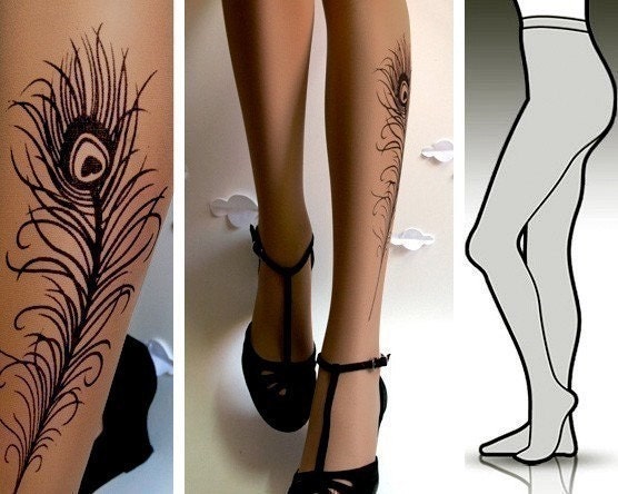 New small/medium sexy Peacock Feather tattoo tights / stockings / full length / pantyhose / nylons DEEP MOCHA