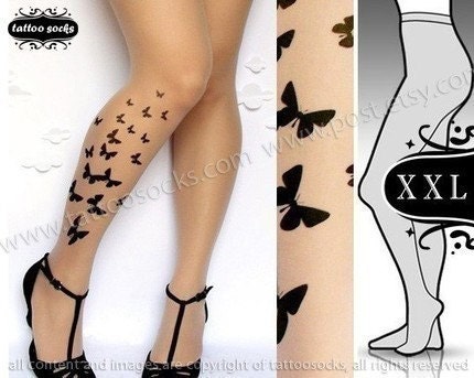 plus size XXL sexy BUTTERFLY tattoo tights / stockings /  full length  / pantyhose / nylons Ultra PALE