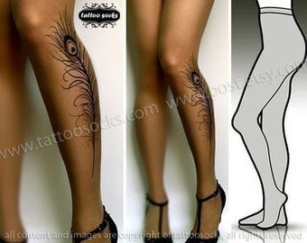 small/medium sexy PEACOCK FEATHER  tattoo tights / stockings / full length / pantyhose / nylons Cafe  Latte