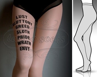 large/extra large 7 Deadly Sins tattoo stockings / full length / pantyhose / nylons Deep Mocha