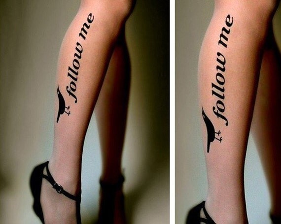 sexy, funny and flirty FOLLOW ME twitter TATTOO knee-high socks Deep Mocha