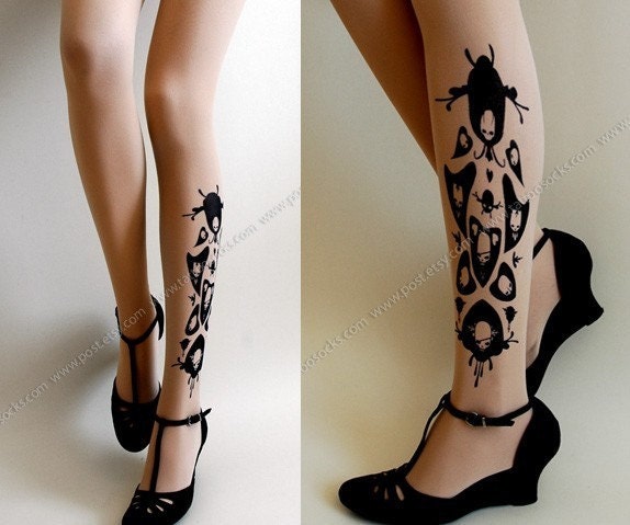 sexy SKULLS and HEARTS TATTOO thigh-high socks light mocha xs/x/m