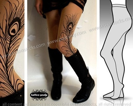 Small/Medium sexy MINI and BOOTS peacock FEATHER tattoo stockings / full length / pantyhose / nylons Cafe Latte