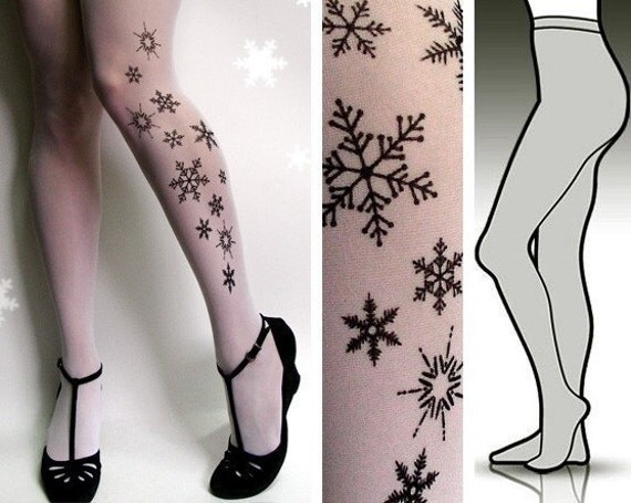 Small/Medium elegant SNOW QUEEN tattoo tights / stockings / full length / pantyhose / nylons WHITE