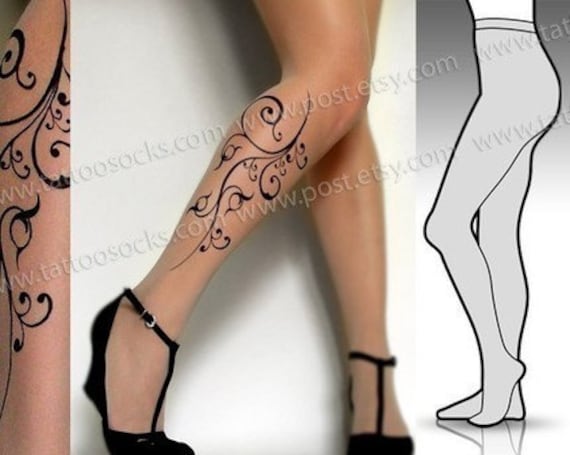 Large/Extra Large sexy FLORA tattoo tights / stockings full length pantyhose LIGHT MOCHA