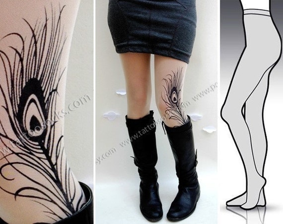 l/xl gorgeous MINI and BOOTS peacock FEATHER tattoo  tights / stockings full length pantyhose ultra pale