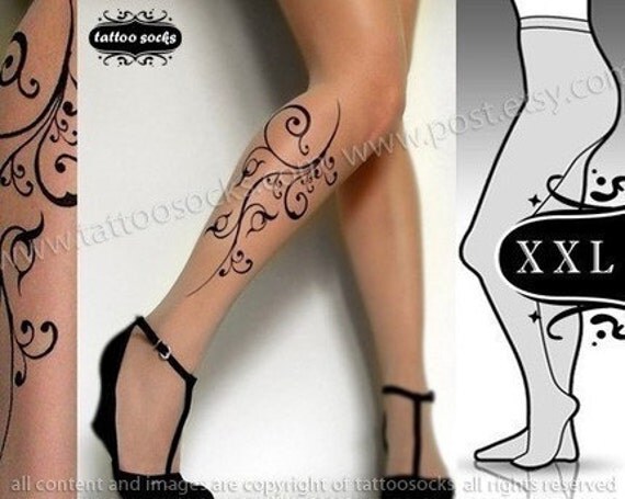 plus size xxl elegant, feminine and sexy FLORA tattoo tights / stockings full length pantyhose LIGHT MOCHA