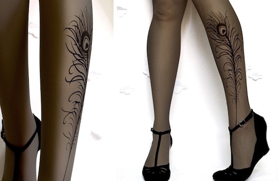 Large/ Extra Large gorgeous PEACOCK FEATHER tattoo tights / stockings / full length / pantyhose / nylons GREY