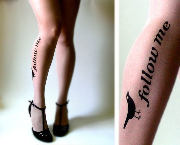 XS\/S\/M sexy, funny and flirty FOLLOW ME twitter TATTOO thigh-high socks LIGHT MOCHA