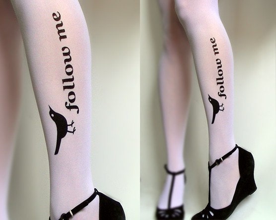 sexy, funny and flirty FOLLOW ME twitter TATTOO thigh-high stockings WHITE