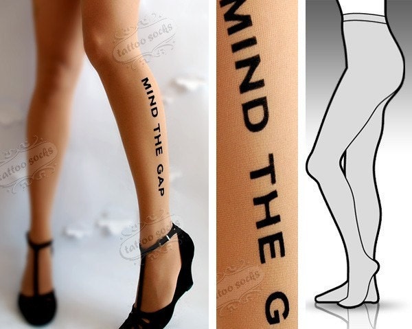 Large/Extra Large sexy MIND THE GAP tattoo tights / stockings/ full length / pantyhose / nylons Light Mocha