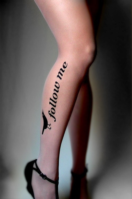 plus size xxl sexy, funny and flirty FOLLOW ME twitter tattoo tights / stockings /  full length  / pantyhose / nylons light mocha